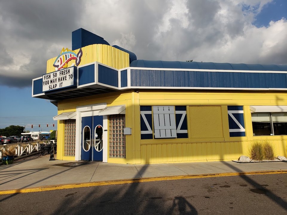 Exterior view of a seafood restaurant on Fowler Avenue.